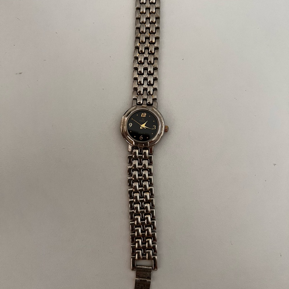 Fendi Two-Tone Silver and Gold Bracelet Watch with Black Dial